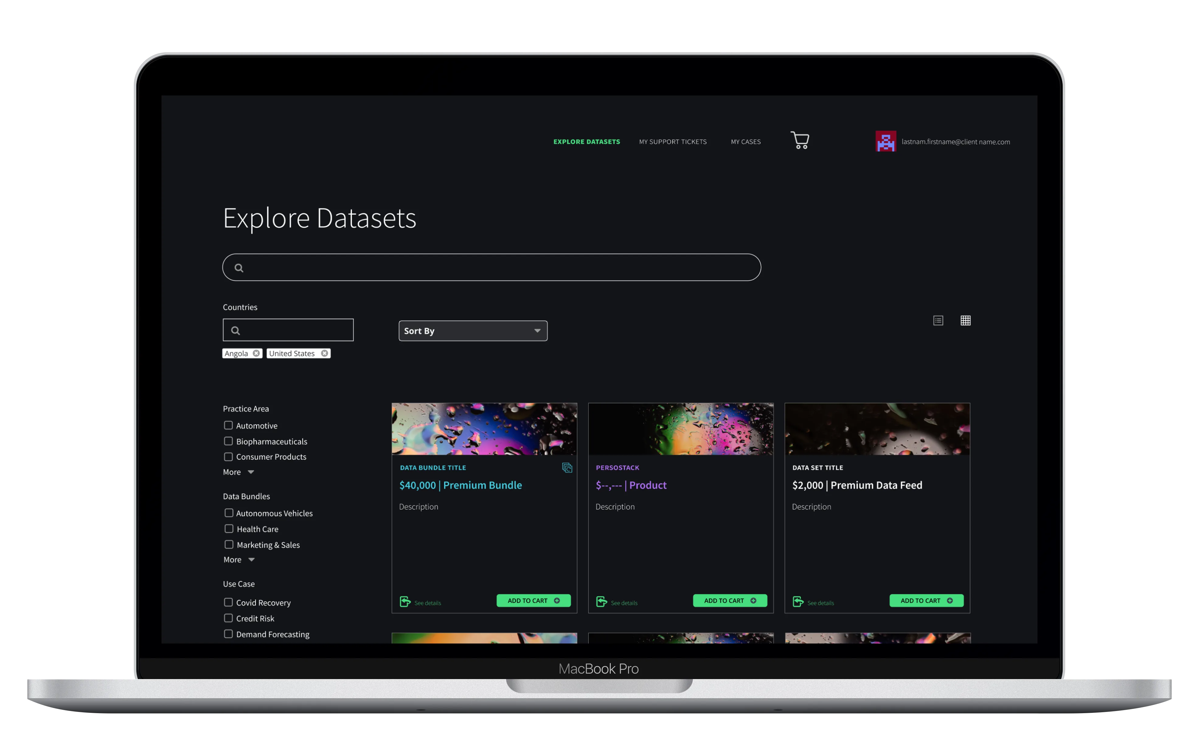MacBook Pro showing an Explore Datasets self-service data marketplace — a dark-themed interface with a search bar, country and sort-by filters, practice area and data bundle checkboxes, and a grid of data product cards including a $40,000 Premium Bundle, a Persostack product, and a $2,000 Premium Data Feed, each with colorful abstract dataset preview images and Add to Cart actions